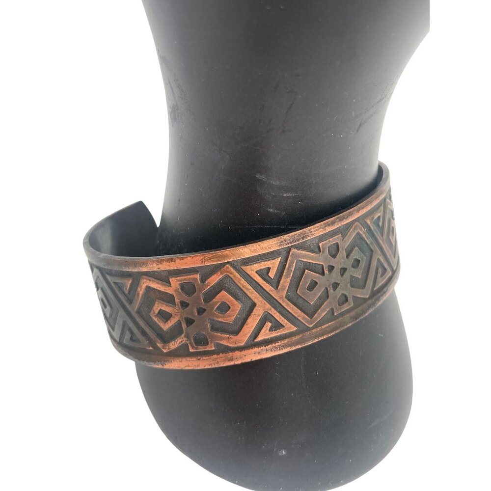 Vintage Handcrafted Genuine Copper Cuff Bracelet With Tribal Geometric Pattern